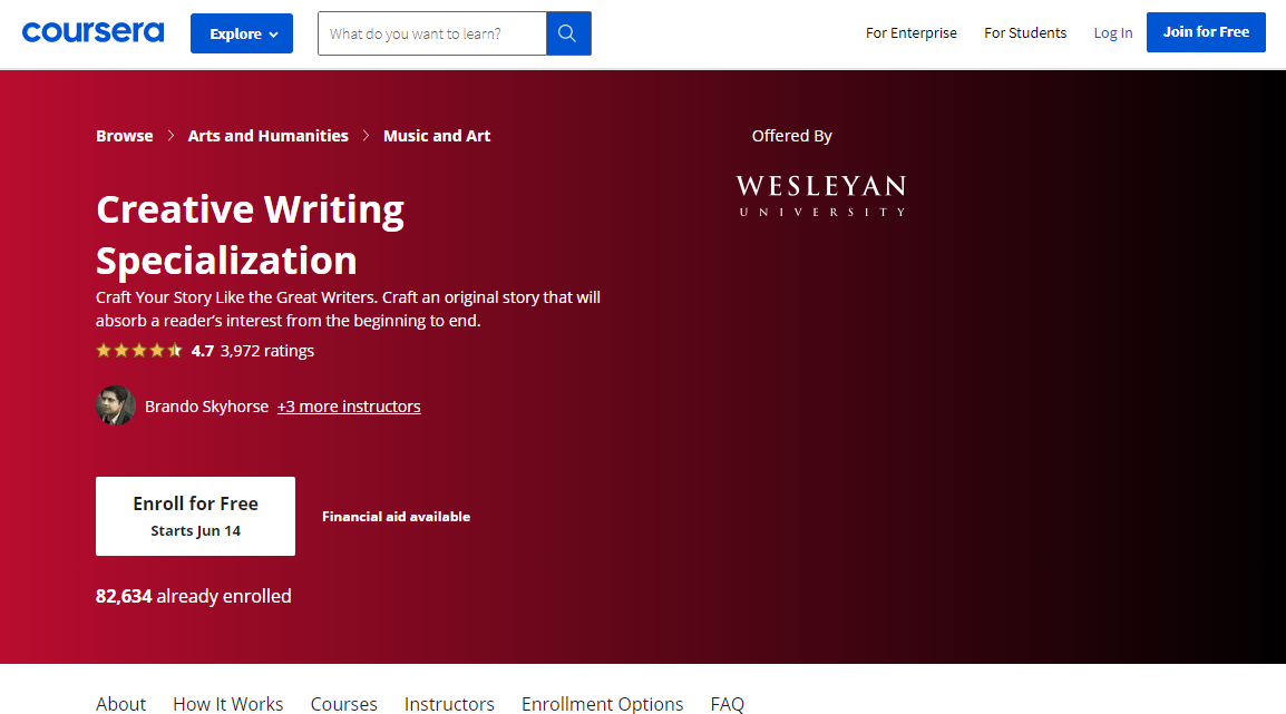 wesleyan university creative writing specialization