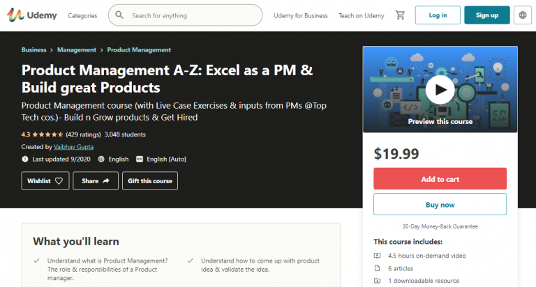 Product Management A-Z: Excel as a PM & Build great Products - Udemy